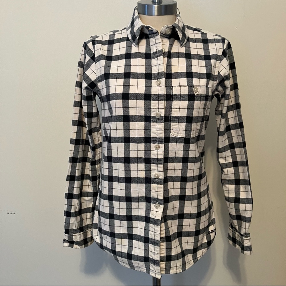 Filson Women's XS Long Sleeve Flannel White Black Plaid Gingham Western